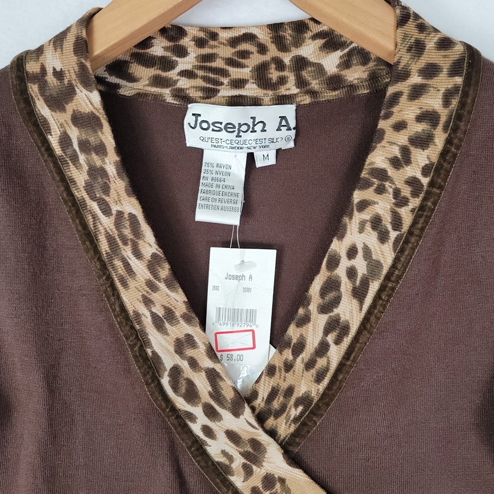 NWT JOSEPH A WOMEN'S TOP MEDIUM BROWN LEOPARD TRIM LONG SLEEVE KNIT BLOUSE NEW - Picture 2 of 16